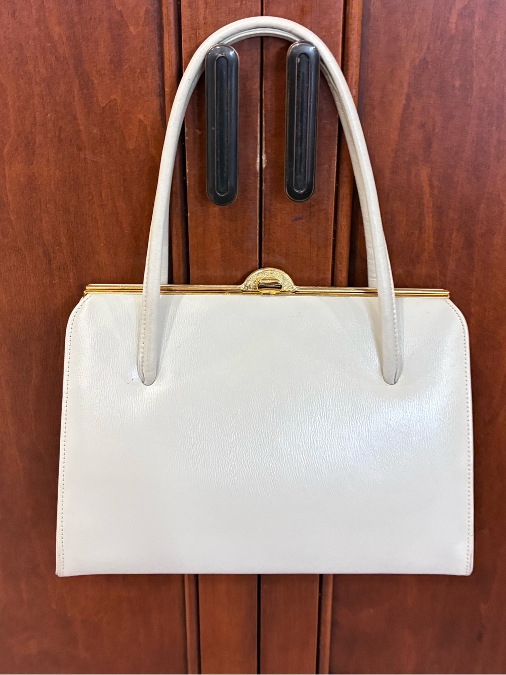 Vintage Bally Dolcis Ivory Cream Structured Handbag Gold Frame